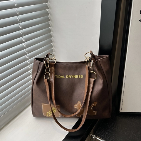 Dames Casual PU Leer Grote Capaciteit Tote Bag Met Metalen Ketting Letter Print Dier Patch Schoudertas Dagelijks Kantoor