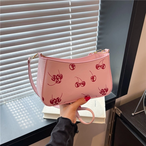 Borsa Sottobraccio in Pelle PU con Stampa Ciliegia da Donna Borsa a Tracolla Casual alla Moda per Pendolari Quotidiani