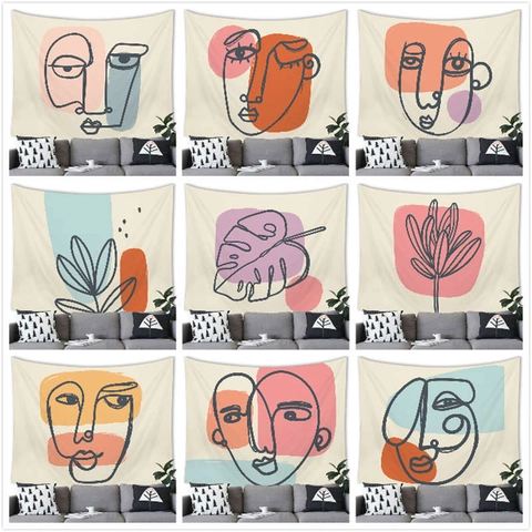 Modern Abstract Line Art Tapestry Minimalist Woman Face Plant Leaves Wall Hanging Polyester Fabric Decorative Cloth For Living Room Bedroom Home Decor