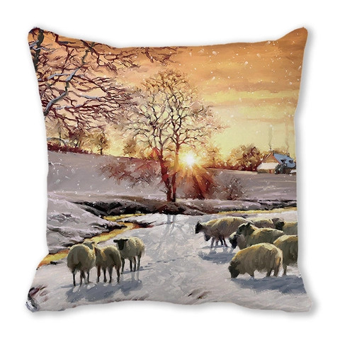 Funda de Cojín de Piel de Melocotón de Navidad Pintura al Óleo Vintage Escena de Nieve Animal Cuadrada Decorativa para Sofá Hogar