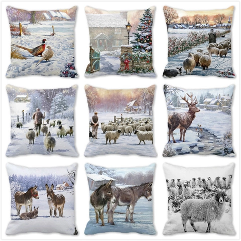 Funda de Cojín de Piel de Melocotón de Navidad Pintura al Óleo Vintage Escena de Nieve Animal Cuadrada Decorativa para Sofá Hogar