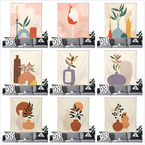 Morandi Minimalist Abstract Plant Tapestry Bohemian Wall Hanging Decorative Polyester Background Cloth For Bedroom Living Room