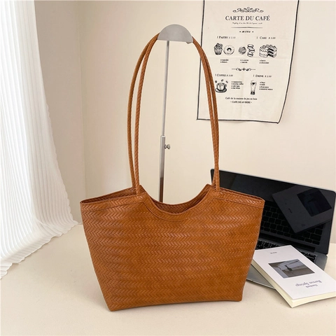 Sac Fourre-tout en Cuir PU à Motif Tissé Vintage pour Femmes Grande Capacité Minimaliste Style Français Sac à Épaule