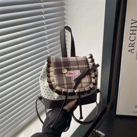 Mini Zaino Donna PU Pelle Tela Quadri Volant Stelle Patch Ciliegia Stile Giapponese Dolce Borsa Coulisse