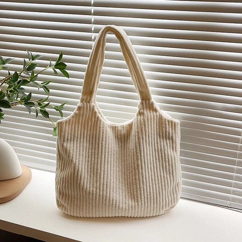 Women Corduroy Tote Bag Large Capacity Minimalist Solid Color Casual Shoulder Bag Retro Soft Fabric Handbag