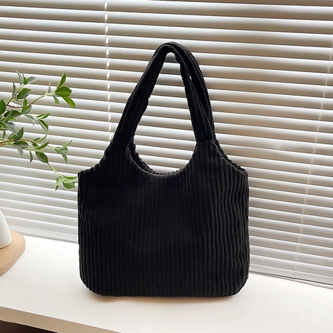 Women Corduroy Tote Bag Large Capacity Minimalist Solid Color Casual Shoulder Bag Retro Soft Fabric Handbag