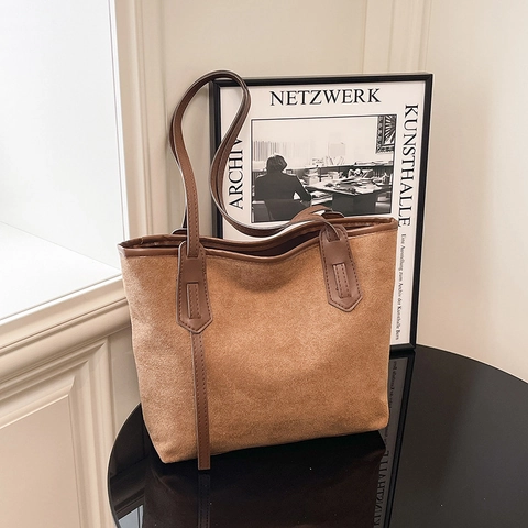 Vintage Wildleder Kunstleder Tote Bag Große Kapazität Minimalistische Pendler Schulter Handtasche Für Frauen Retro Stil