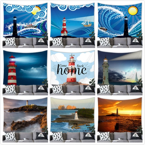 Watercolor Lighthouse Nautical Wall Hanging Tapestry Home Decor Polyester Fabric Background Cloth Coastal Sea Landscape