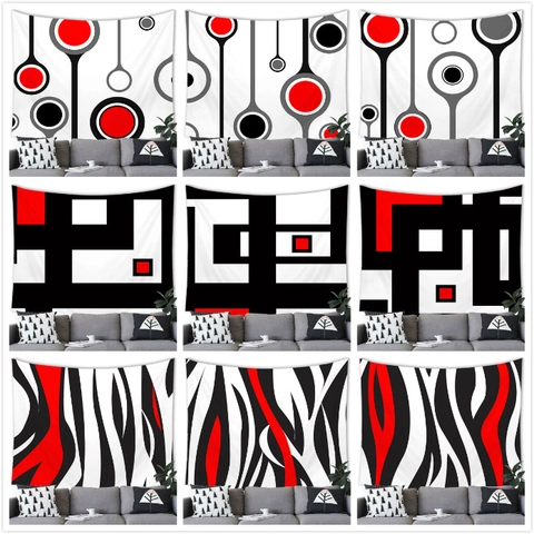 Tapiz de Pared Geométrico Abstracto Moderno Rojo Negro Blanco de Tela de Poliéster para Decoración de Sala de Estar Hogar