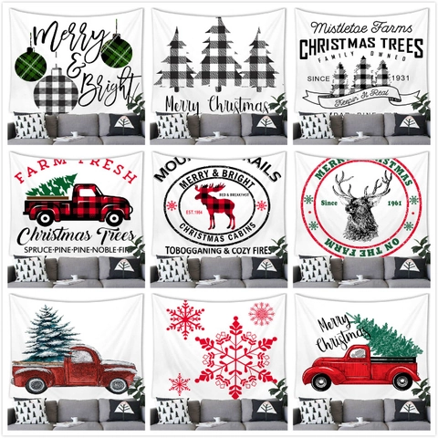 Tapisserie de Noël Décoration Murale Ferme Rétro Camion Rouge Carreaux Buffalo Sapin Renne Flocon de Neige Décoration Maison Polyester Couverture Murale