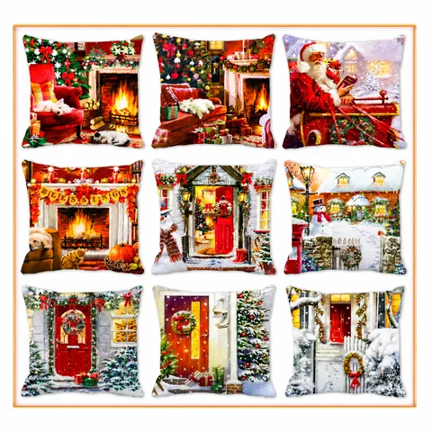 Christmas Throw Pillow Cover Peach Skin Velvet Decorative Cushion Case Festive Holiday Oil Painting Style Home Decor Square Case