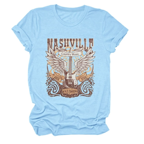 Nashville Country Music T-Shirt Women Vintage Rock Graphic Printed Cotton Blend Loose Fit Round Neck Short Sleeve Top