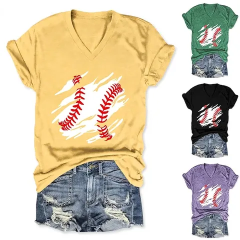 Maglietta Donna Scollo A V Misto Cotone Maniche Corte Stampa Baseball Motivo Strappato Casual Vestibilità Ampia Top Estate Moda