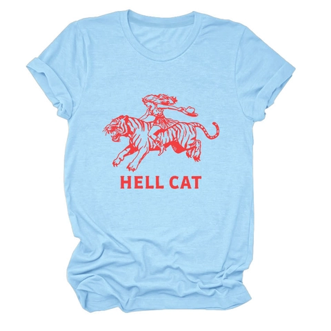 T-Shirt Da Donna Hell Cat Vintage Grafica Girocollo Maniche Corte Allentata Misto Cotone Streetwear Casual