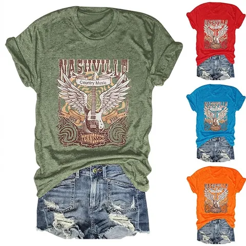Nashville Country Music T-Shirt Women Vintage Rock Graphic Printed Cotton Blend Loose Fit Round Neck Short Sleeve Top