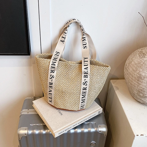 Strorieten Tote Bag Vrouwen Zomer Strand Grote Capaciteit Emmertas Letter Gedrukt Canvas Band Casual Schoudertas
