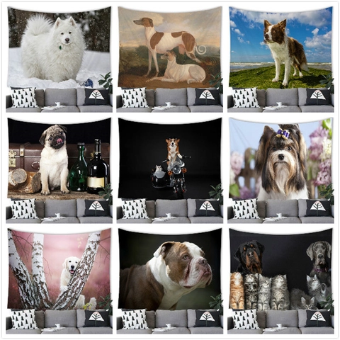 Cute Pet Dog Watercolor Wall Tapestry Polyester Fabric Background Cloth Hanging Blanket For Bedroom Living Room Dorm Home Decoration