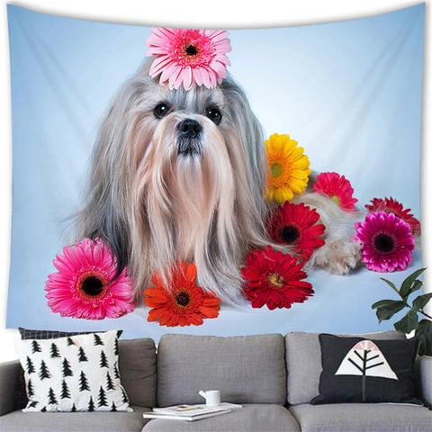 Cute Pet Dog Watercolor Wall Tapestry Polyester Fabric Background Cloth Hanging Blanket For Bedroom Living Room Dorm Home Decoration
