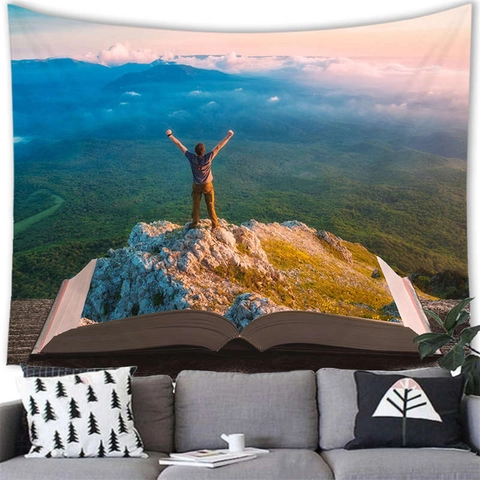 Tapisserie Surréaliste Livre Magique Paysage de Fantaisie Art Mural en Polyester Grande Décoration pour Salon et Chambre à Coucher