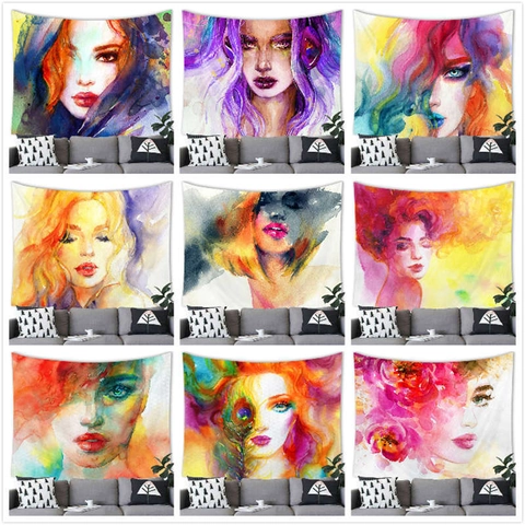 Watercolor Artistic Female Portrait Wall Hanging Tapestry Abstract Woman Face Decorative Tapestry For Living Room Bedroom Decor