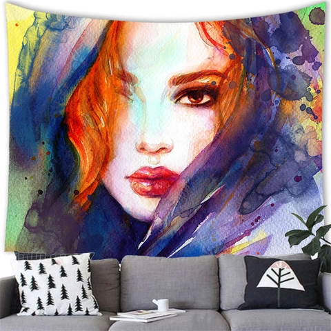 Watercolor Artistic Female Portrait Wall Hanging Tapestry Abstract Woman Face Decorative Tapestry For Living Room Bedroom Decor