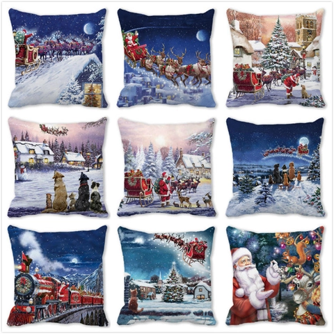 Square Christmas Throw Pillow Cover Oil Painting Style Santa Reindeer Peach Skin Velvet Cushion Case For Home Sofa Decor