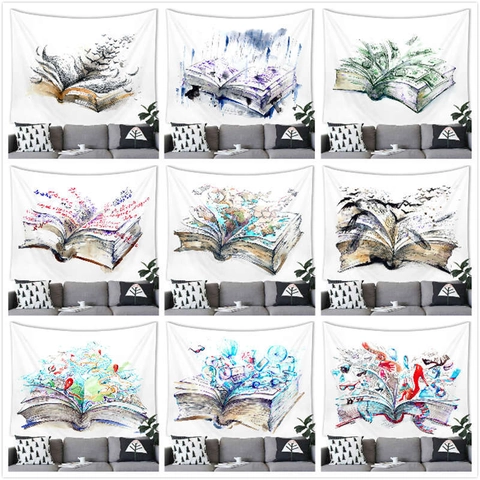 Creative Watercolor Magic Book Tapestry Artistic World Map Mathematical Formulas Wall Hanging For Home Living Room Decor