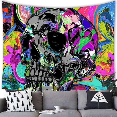 Tapisserie Art Psychédélique Tête d'Animal Crâne Polyester Impression 3D Décoration Murale Salon Chambre