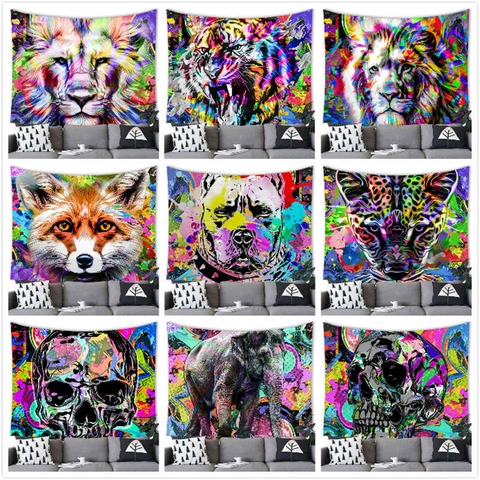 Tapisserie Art Psychédélique Tête d'Animal Crâne Polyester Impression 3D Décoration Murale Salon Chambre