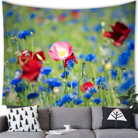Rote Mohnblumen Wildblumenfeld Wandteppich Wandbehang Landschaft Natur Polyester Deko Für Wohnzimmer Schlafzimmer