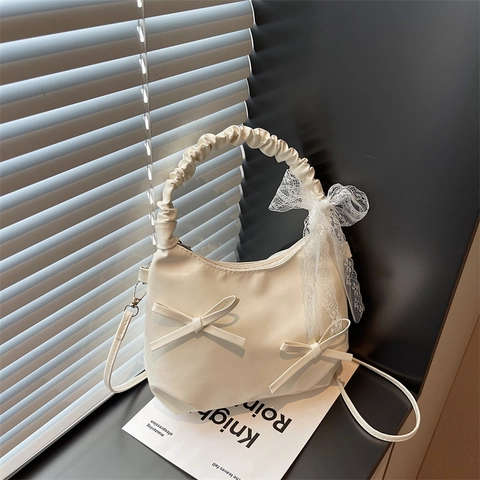 Sac à Épaule Doux en Cuir PU pour Femmes Avec Poignée Plissée Nœuds Décor en Dentelle Petit Sac de Raviolis Quotidien