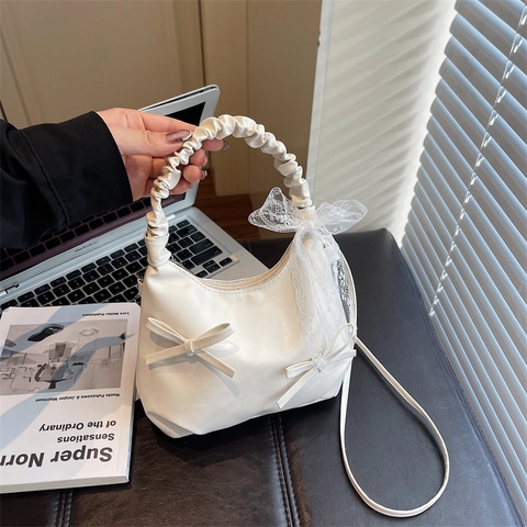 Sac à Épaule Doux en Cuir PU pour Femmes Avec Poignée Plissée Nœuds Décor en Dentelle Petit Sac de Raviolis Quotidien