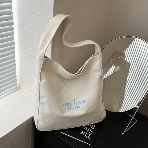 Borsa a Tracolla da Donna Casual in Tela Grande Capacità Stampa di Lettere Sottobraccio Borsa Tote Minimalista Hobo per Viaggi