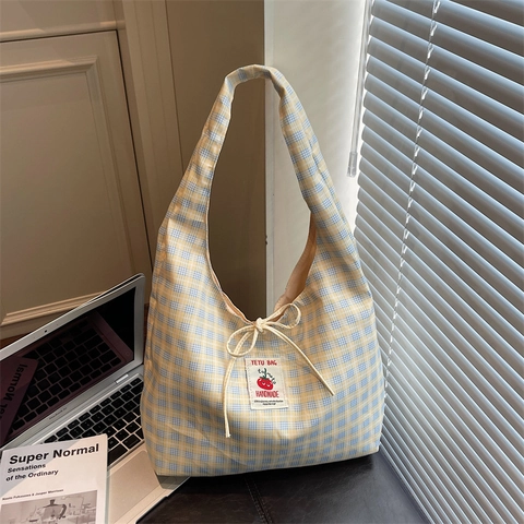 Plaid Canvas Tote Bag Korean Style Large Capacity Shoulder Handbag With Tomato Label And Bow Decor For Women Casual