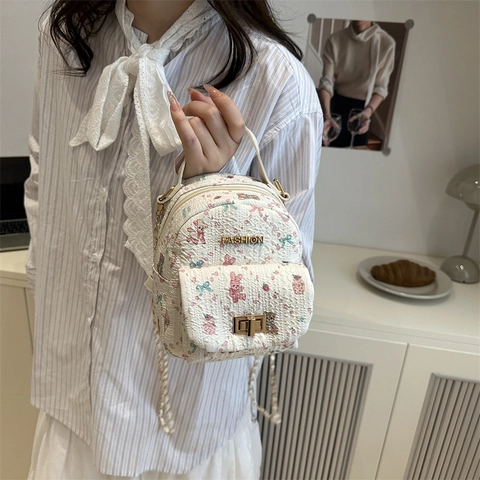Mini Mochila Para Mujer Con Estampado De Oso Conejo De Dibujos Animados Patrón Floral Dulce Bolso De Hombro Pequeño Con Cadena