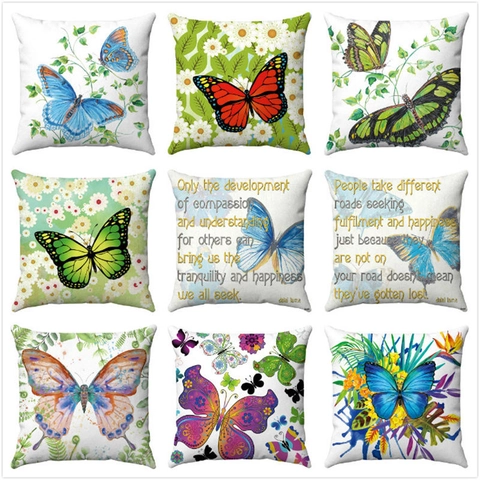 Watercolor Butterfly Flower Pattern Cushion Cover Short Plush Square Decorative Throw Pillow Case For Sofa Home Office