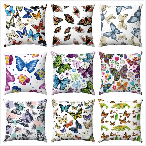 Watercolor Butterfly Floral Print Decorative Pillowcase Short Plush Throw Cushion Cover For Sofa Living Room Home Decor