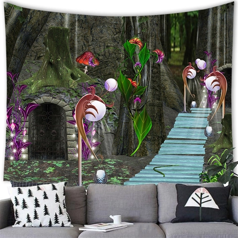 Fantasy Forest Treehouse Tapestry Wall Hanging Fairytale Mushroom Dreamy Landscape Art Home Decor Background Fabric For Bedroom