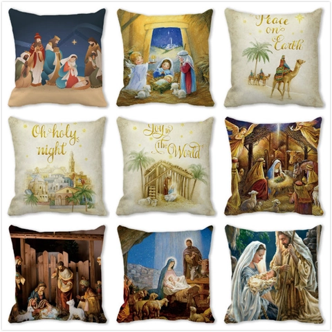 Taie d'Oreiller de Noël Religieuse Scène de la Nativité Polyester Peau de Pêche Housse de Coussin Décorative pour Salon Canapé