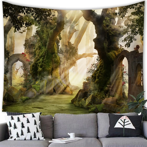 Tapiz Medieval De Fantasía Colgante De Pared Bosque Mágico Dragón Castillo Hongo Paisaje Surrealista Impresión 3D Poliéster Decoración De Pared Para Sala De Estar Dormitorio