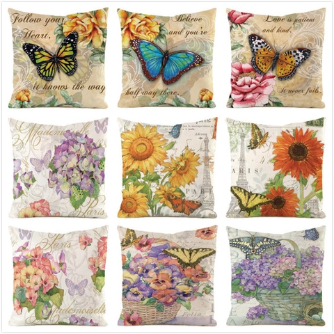 Vintage Floral Butterfly Satin Cushion Cover Decorative Square Pillowcase For Sofa Living Room Home Decor Rustic Art Style