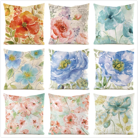 Housse de Coussin en Satin à Fleurs Aquarelle Taie d'Oreiller Décorative pour Canapé Salon Décoration Maison Sans Rembourrage