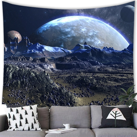 Universe Galaxy Tapestry Sci-Fi Planet Landscape Wall Hanging Polyester Fabric Decorative Blanket For Living Room Bedroom