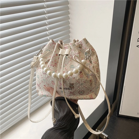 Borsa a Secchiello Dolce con Fiocco da Donna Manico in Perla Artificial Sintetica Coulisse Tracolla Moda Borsa con Motivo Goffrato