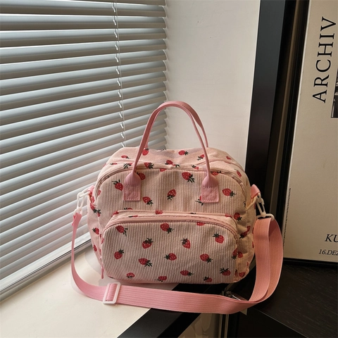 Borsa A Spalla In Velluto A Coste Da Donna Stampa Fragola Borsa A Tracolla Borsa A Mano Cerniera Casual Carina