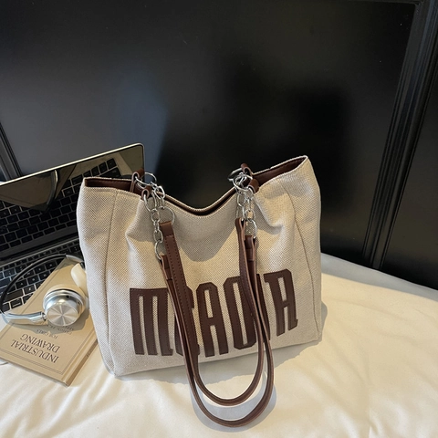 Borsa Tote in Tela da Donna a Grande Capacità Borsa a Tracolla Minimalista Urbana Con Tracolla a Catena Stampa di Lettere Casual