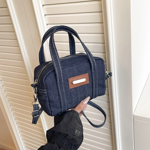 Mini Borsa Boston In Denim Piccola Borsa A Tracolla Mano Con Patch In Pelle Marrone Cuciture A Contrasto Retrò Donna