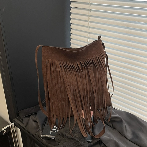 Vintage Suede Tassel Shoulder Bag For Women Bohemian Style Fringe Crossbody Bag Fashion Casual Solid Color Bucket Bag
