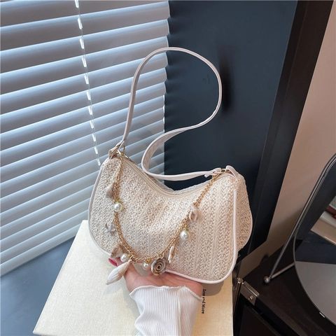 Summer Beach Straw Woven Underarm Shoulder Bag For Women With Shell Starfish Artificial Pearl Chain Charms Vacation Handbag
