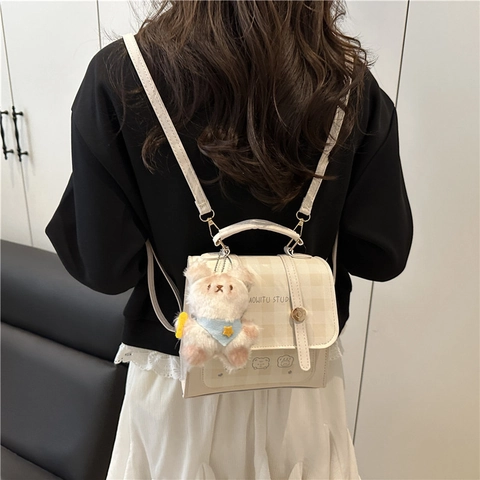 Mini Mochila de Cuadros Retro de Moda para Mujer Estampado de Oso de Dibujos Animados Cuero PU Bolso de Hombro Pequeño Versátil